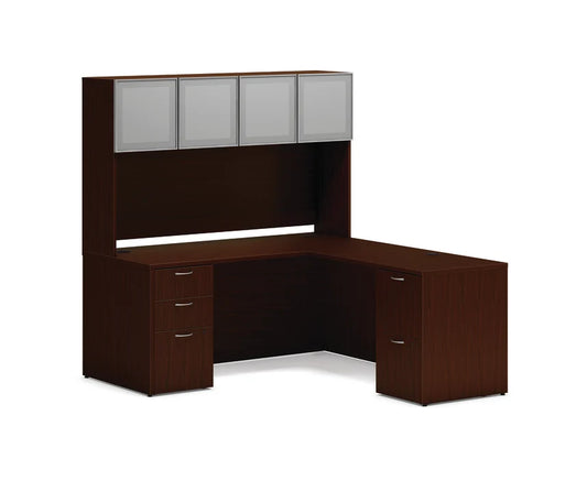HON Mod L-Station with Storage Hutch and Glass Doors | 66"W x 72"D | 2 Support Pedestals