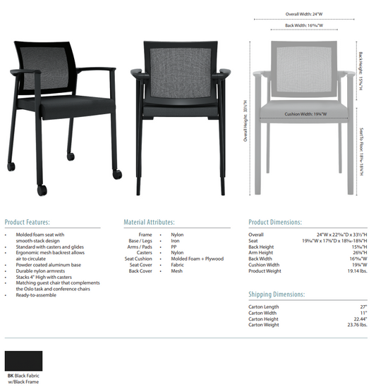 OSLO Mesh Back Stacking Guest Chair w/ Black Frame (Casters included)