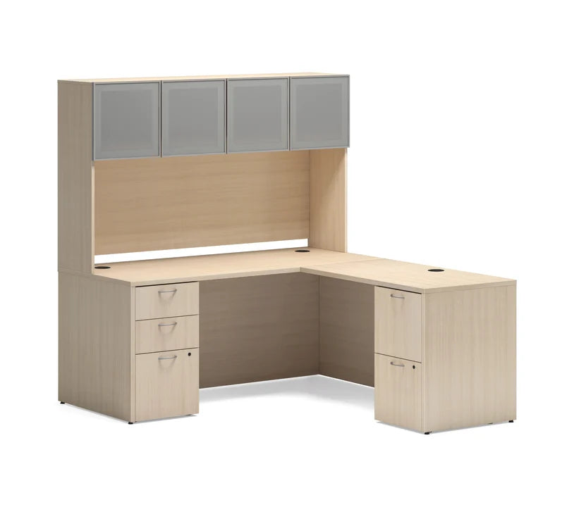 HON Mod L-Station with Storage Hutch and Glass Doors | 66"W x 72"D | 2 Support Pedestals