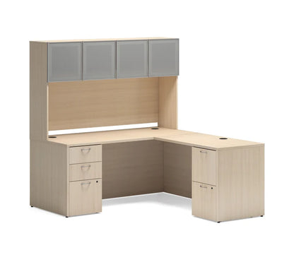 HON Mod L-Station with Storage Hutch and Glass Doors | 66"W x 72"D | 2 Support Pedestals